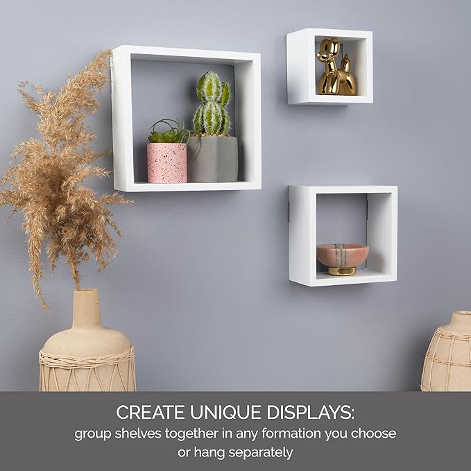Melannco Floating Square Cube Shelves, for Bedroom, Living Room, Bathroom, Kitchen, Nursery, Set of 3, White, 3 Count