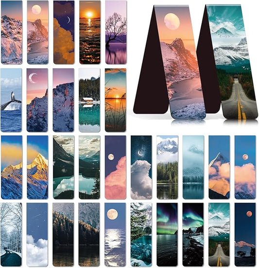 Natural Scenery Magnetic Bookmark - 30Pcs Aesthetic Travel Magnetic Bookmarks New Adventure Book Mark Magnets Mountain Moon Page Marker Clip for Book Lovers Students Teacher School Reading Gift