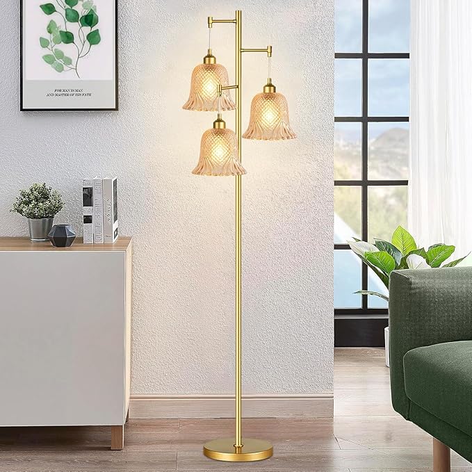 Gold Floor Lamp for Living Room,Bedroom,Tree 3 Light Standing Lamp Mid Century Modern Brass Tall Floor Lamps Vintage Retro Floor Lights Glass Green Flower Lamp Shade Farmhouse Boho Bohemian