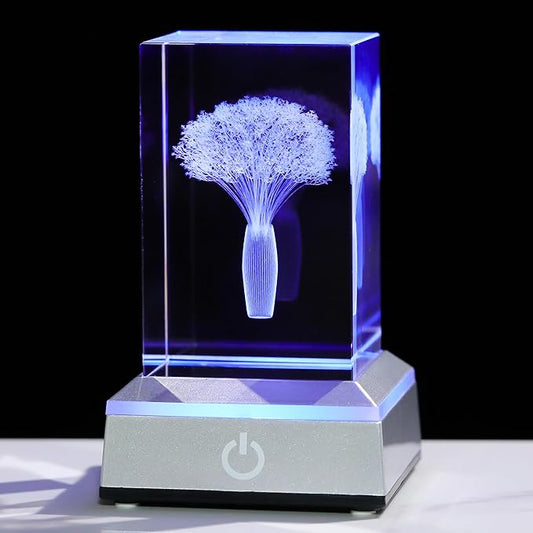 3D Crystal Babys Breath with Colorful Light Base Laser Engraved- Fake Baby Breath Flowers Figurines Statue Laser Engraved - Baby's Breath Room Party Classroom Nature Decor Birthday Mothers Day Valenti