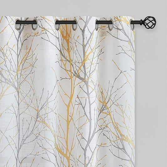 FMFUNCTEX Linen Semi Sheer Curtains for Bedroom, Yellow White Curtains 108 Inches Long for Living Room, Grey Tree Branch Print Curtain Light Filtering Extra Long Window Drapes, Grommet Top 2 Panels