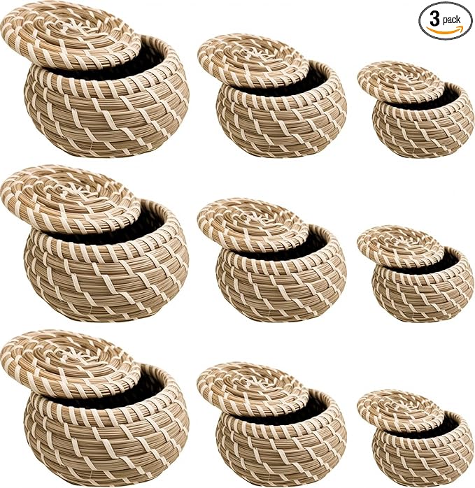 Set of 9 Round Woven Seagrass Baskets, Small Wicker Basket with Lid, Little Handmade Rattan Storage Basket Box for office, bedroom, living room