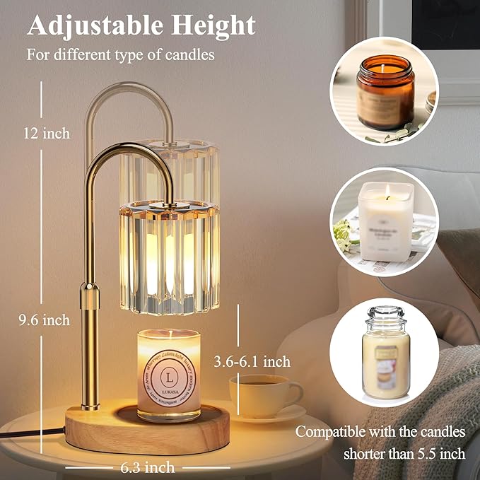 Lukasa Candle Warmer Lamp, with Timer Dimmer Adjustable Height, Birthday Gifts for Women, Mothers Day Gifts for Mom, House Warming Gift New Home, Wax Melt Warmer for Scented Jar Candles, with 2 Bulbs