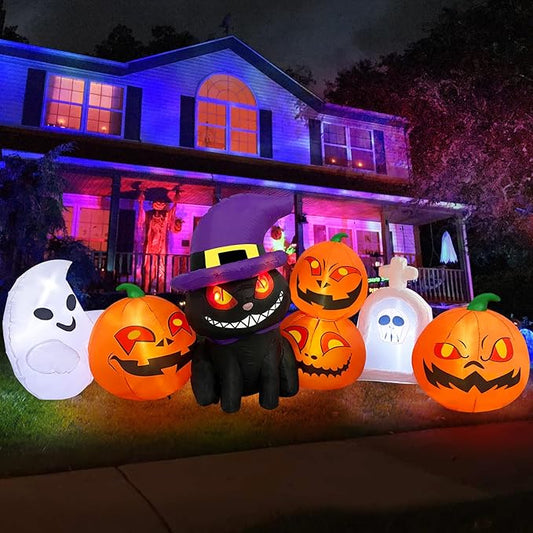 MICOCAH Halloween Inflatables Outdoor Decorations 8 FT Long Funny Pumpkin Black Cat Blow Up Lanterns Built-in LED Lights with Ghost Tombstone Scary Yard Decoration for Holiday Party Outside Lawn