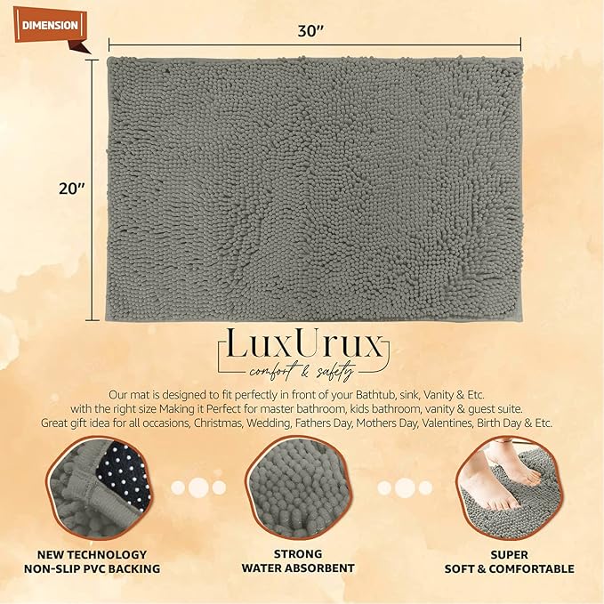 LuxUrux 2 Pc Set – Plush Chenille Bathroom Rug Mat Set, Extra-Soft Bath Mat for Shower & Bathroom, Highly Absorbent Microfiber, Non-Slip Backing for Safety & Comfort.(20 x 30, Warm Grey)