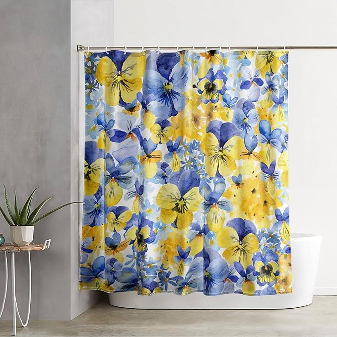 AILONEN Watercolor Flowers Shower Curtain,Purple and Yellow Flowers Theme Waterproof Fabric Shower Curtain for Girls Kids Teens, 72" W*96" H Patchwork Flower Shower Curtain Sets