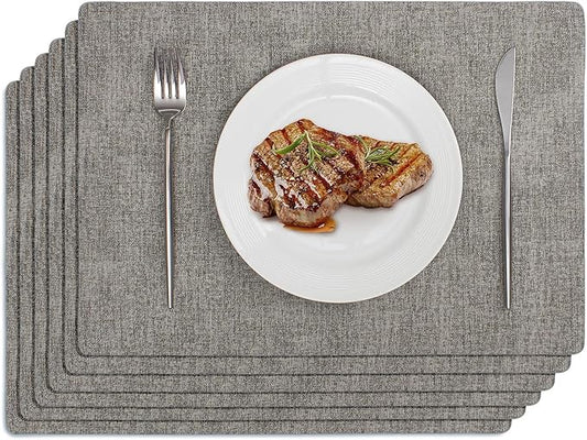 Softalker Faux Leather Placemats Set of 6-Vinyl Heat Resistant Place Mats, 100% Waterproof Oilproof Wipe Clean Table Mats for Indoor & Outdoor Use, 17’’×12’’, Light Grey