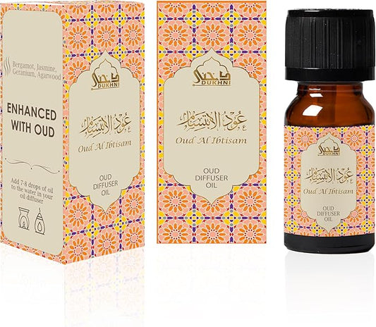 Oud Diffuser Oil, Oud Al Ibtisam by Dukhni | 3 x 10ml Arabic Oil for Diffuser & humidifier | 100% Pure Halal, Oudh Essential Oil Blend | Relax with Home Aromatherapy, for Relaxation and Massage