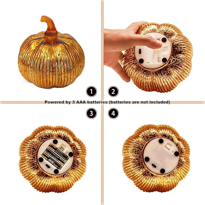 Mercury Glass Light up Pumpkin with Timer- Fall Decoration for Home-Lamps for Festive Decoration-Halloween Decorations (Gold)