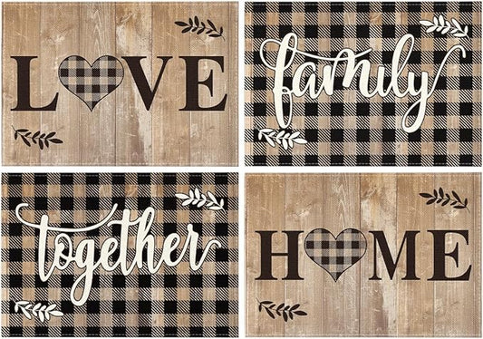 Artoid Mode Wood Love Family Home Together Buffalo Plaid Placemats Set of 4, 12x18 Inch Farmhouse Table Mats Party Kitchen Dining Decoration