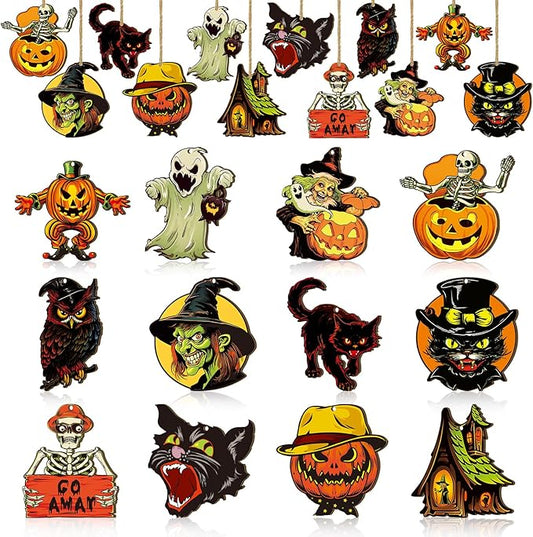 Huwena 36 Pcs Halloween Wood Ornament for Tree Vintage Ornaments Wooden Halloween Hanging Decorations Pumpkin Witch Black Cat Wood Cutouts with Ropes for Home Party Decor(Skeleton)