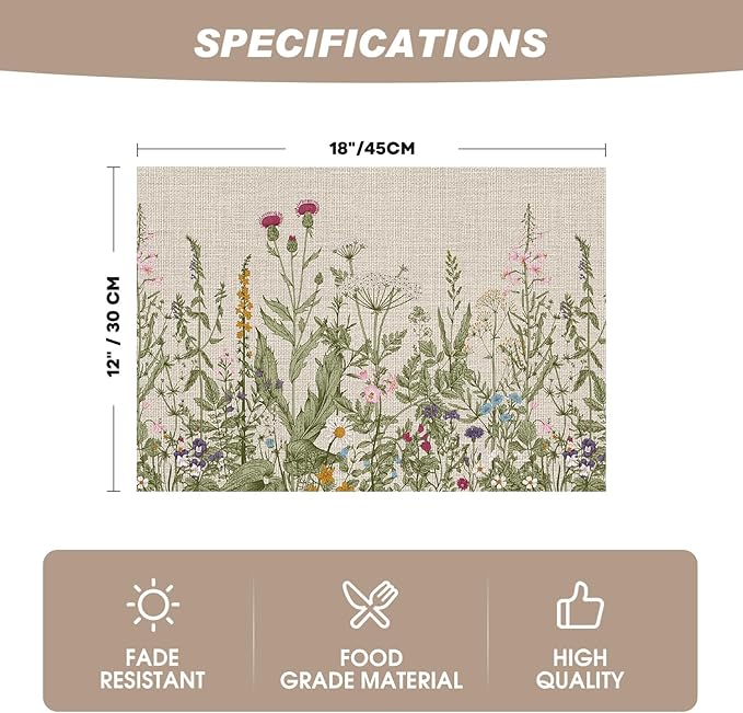 Artoid Mode Wildflower Vinyl Placemats Set of 4, Washable Non-Slip Plastic PVC Table Mats for Spring Party Kitchen Dining Decor, 12x18 Inch