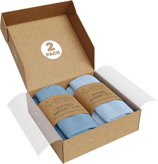 Bassinet Fitted Sheets - Compatible with Amke, Ronbei, Pamobabe, and Nordmiex | 100% Organic Jersey Cotton - Light Blue + Dark Blue | 32x19 (2 Pack)