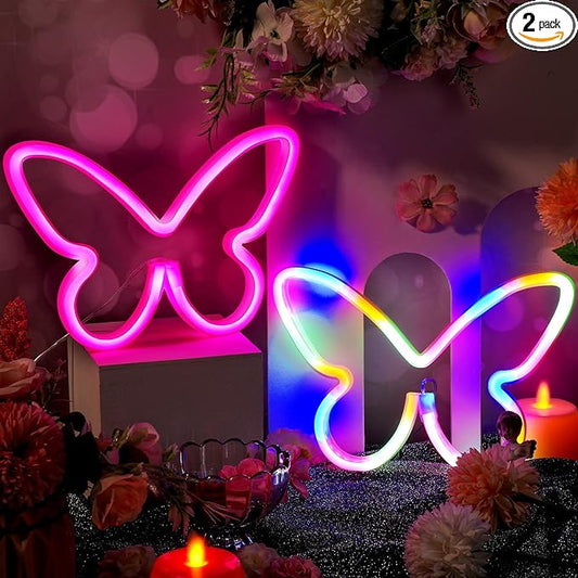 Riakrum 2 Pcs Butterfly Neon Signs LED Light 3AA Battery Powered USB Operated Wall Neon Light Decor Butterfly Wall Art for Christmas Home Bedroom Birthday Party Decor(Pink, Colorful)