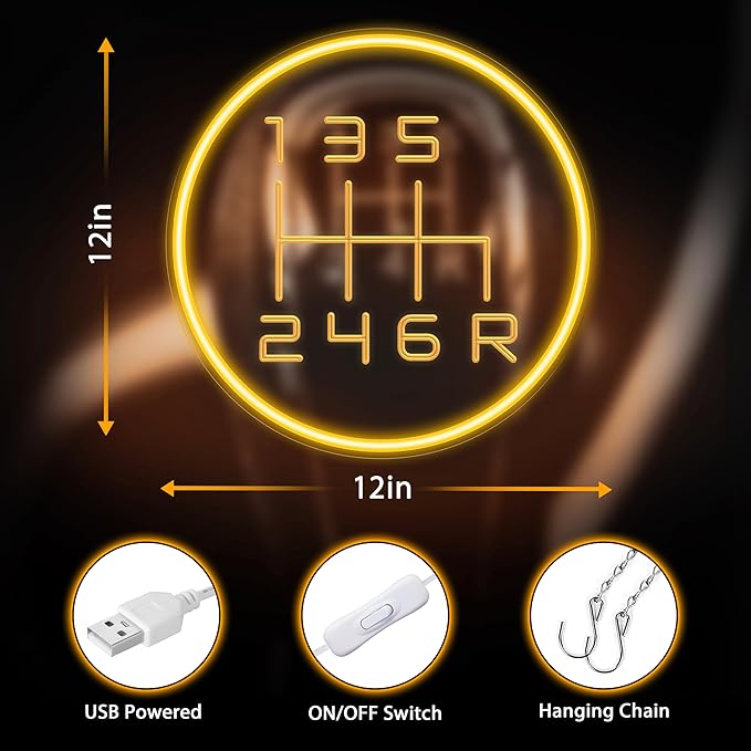 Kavaas Gear Shift Neon Sign, 3D Engraved Manual Transmission Lever Neon Sign for Garage Decor | LED Neon Garage Sign for Car Room Decor, Auto Repair Workshop, Man Cave - Best Gifts for Dad, Car Enthusiast (GS2G)
