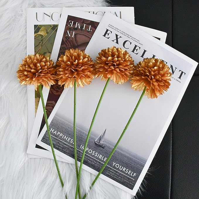 Mandy's Gold Artificial Ball Chrysanthemum 12 Stems Faux Flowers with Bendable Stems for DIY Wedding Centerpiece Fall Decor Home Arrangements