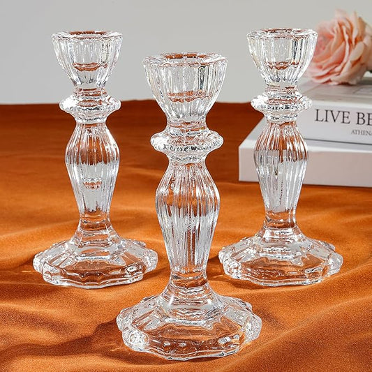 6.2" Tall Glass Candle Holder Set of 3 Taper Candle Holders for Candlesticks Clear Crystal Glass Candlestick Holders Candle Sticks Holder Decor for Wedding, Birthday, Thanksgiving,Housewarming