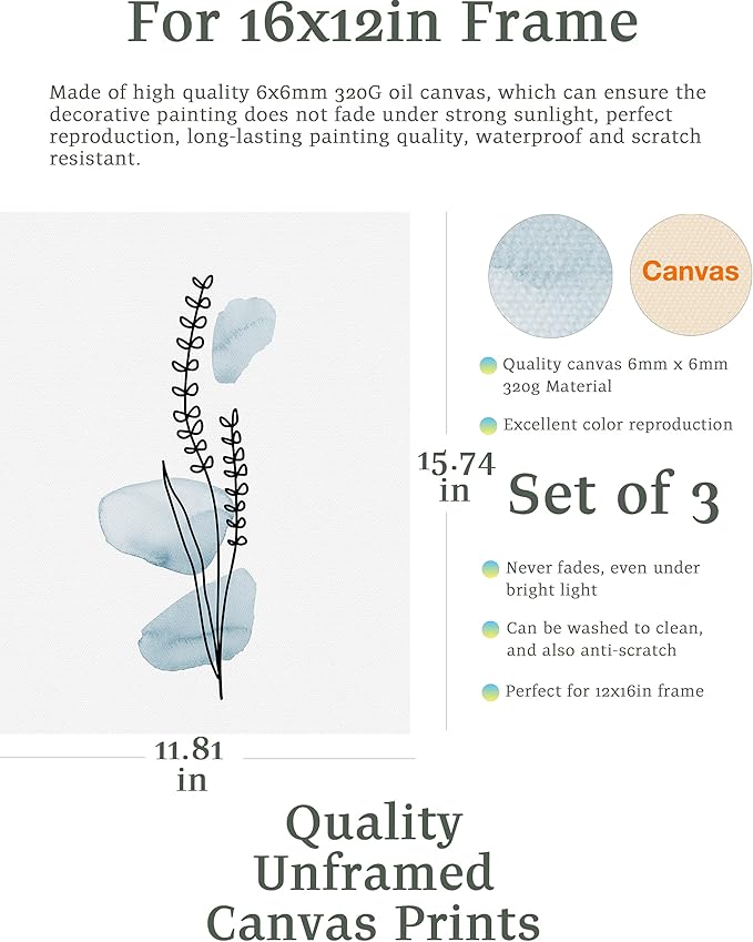 HesenDot Boho Art wall Décor,Botanical Print Set of 3, Blue Gallery Wall art,Abstract Line Watercolor Floral Home Decor,living room,bedroom