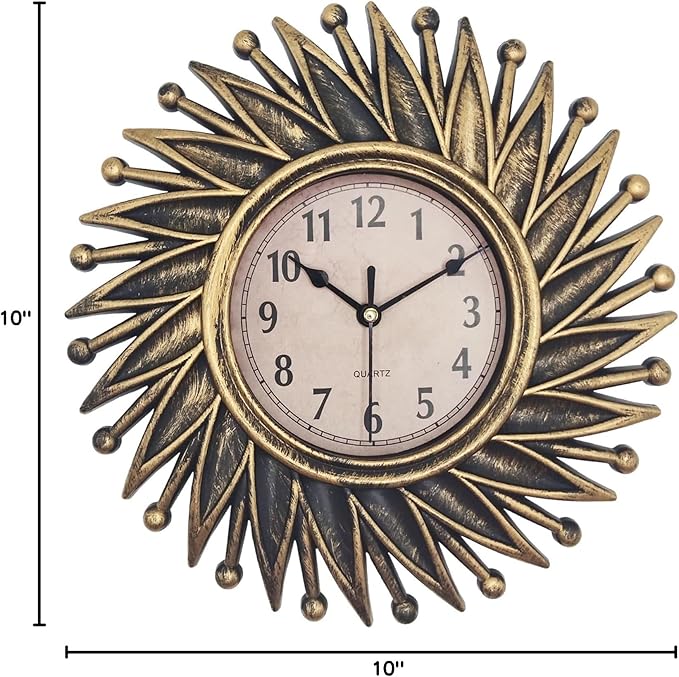 Sunburst Clock, Small Retro Wall Clocks Battery Operated, 10 Inch Mid Century Vintage Decorative Wall Clock for Living Room, Bedroom, Kitchen, Bathroom, Office - Bronze