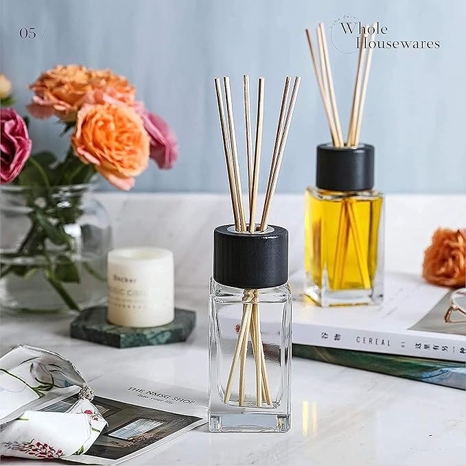WHOLE HOUSEWARES Natural Diffuser Reeds Bottles Sticks | Clear Glass Home Décor for Kitchen and Living Room | Black Wood Caps | Décorative Fragrance Set with Long Lasting Aroma - Set of 4
