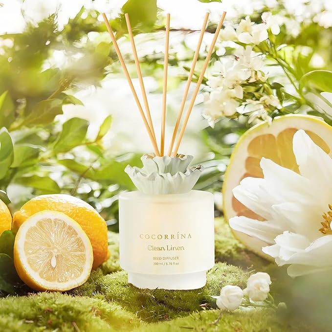 Cocorrina Gypsum Flower Reed Diffuser Set for Bathroom Décor – Clean Linen Scent, 6.76 oz with Sticks & Oil – Home Fragrance for Bathroom & Living Space