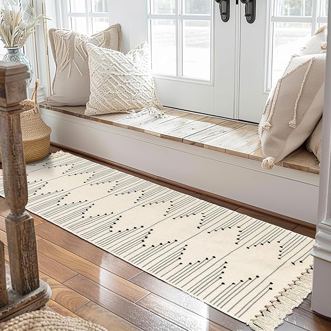 Tritard Boho Hallway Runner Rug 2x8 - Washable Area Rug Farmhouse Aztec Cotton Long Lightweight Rugs with Tassels Kitchen Bathroom Woven Low Pile Thin Carpet for Entryway, Bedroom, Beige Cream