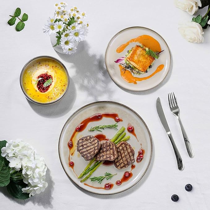 Herogo Dinnerware Sets with Pasta Bowls, 16 Piece Plates and Bowls Set for 4, Modern Stoneware Dinner Dishes for Kitchen Dinning, Dishwasher & Microwave Safe, Cream Khaki