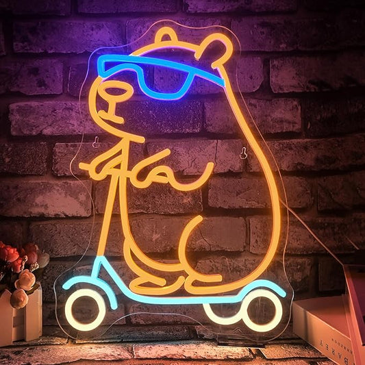 Cool Capybara Neon Sign Dimmable Cute Animal With Skateboard Led Signs for Wall Decor Cartoon Neon Night Sign for Bedroom Children's Room Party Holiday Birthday Decoration Capybara Fans Gifts