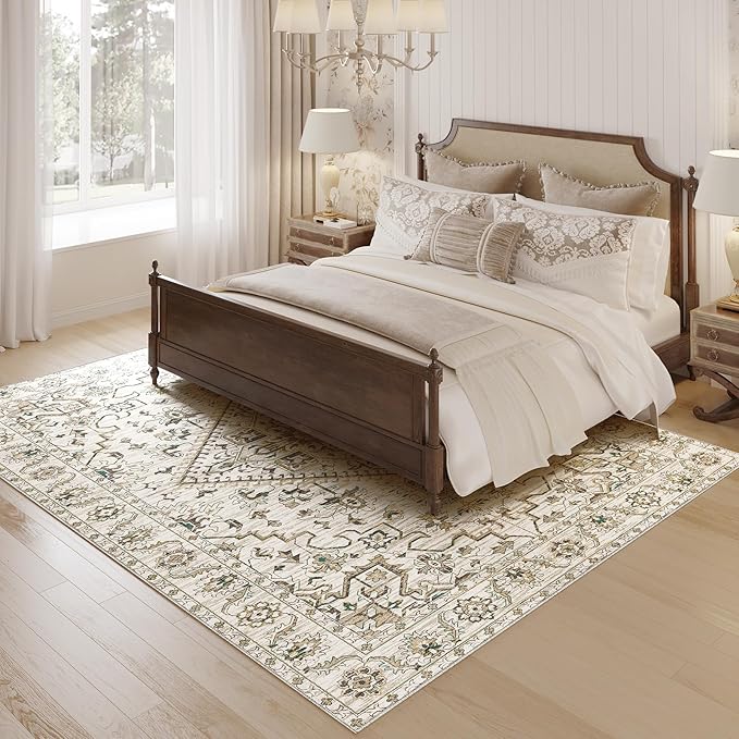 VK VK·LIVING 8x10 Area Rug Washable Rugs for Living Room Rug Vintage Design Boho Rug with Non Slip Living Room Rug Bedroom Carpet Stain Resistant, Home Decor, Beige