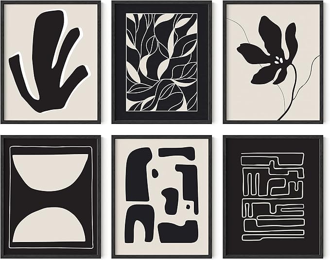 HAUS AND HUES Abstract Art Wall Decor - Set of 6 Modern Art Gallery Display, Abstract Minimalist Wall Art, Mid Century Modern Artwork, Modern Art Wall Decor Neutral Art (Framed Black 8x10)