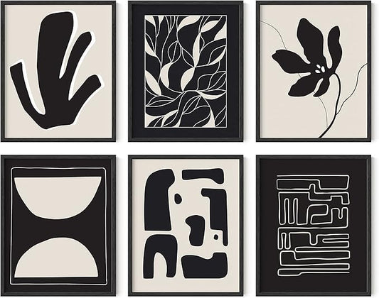 HAUS AND HUES Abstract Art Wall Decor - Set of 6 Modern Art Gallery Display, Abstract Minimalist Wall Art, Mid Century Modern Artwork, Modern Art Wall Decor Neutral Art (Framed Black 8x10)