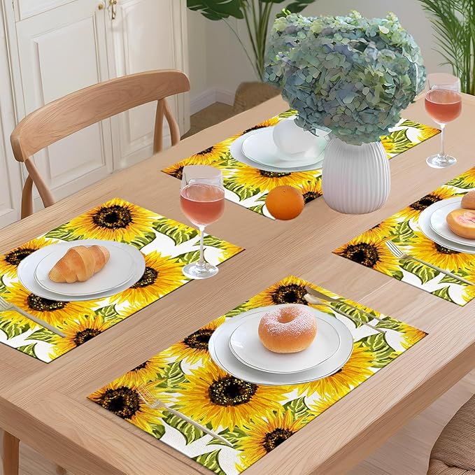 Floral Placemats Set of 4 Sunflower Place Mats Indoor Summer Yellow Linen Table Placemats Washable Wipeable Waterproof Heat Resistant Kitchen Place Mats for Dining Tables, 18 X 12 Inch