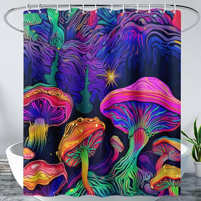 AILONEN Magic Mushroom Shower Curtain for Kids Boys Girls,Mushrooms and Starry Night Waterproof Fabric Shower Curtain for Bathroom,Dreamy Natural Plants Shower Curtain Set with Hooks,72" W*78" H