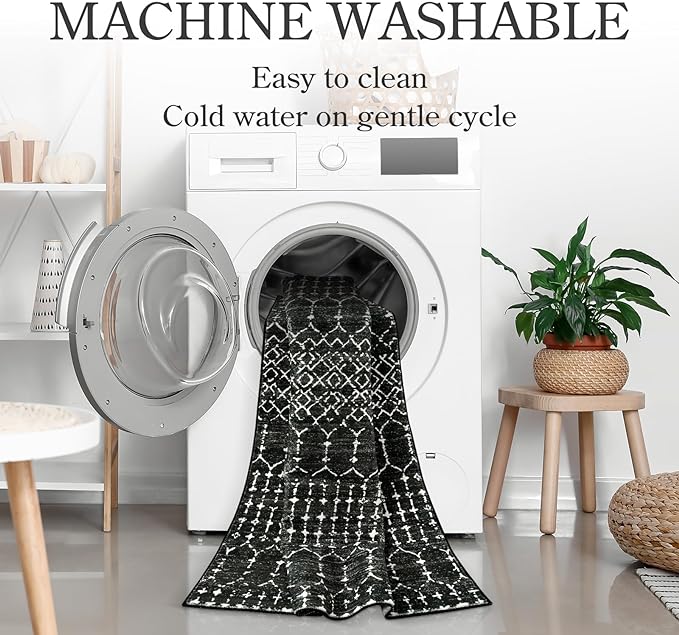 Lahome Moroccan Black Rug - 2x8 Washable Non-Skid Kitchen Floor Runner, Low-Profile, Non Slip, Geometric Print Distressed Entryway Runner for Hallways, Laundry Room, Foyer