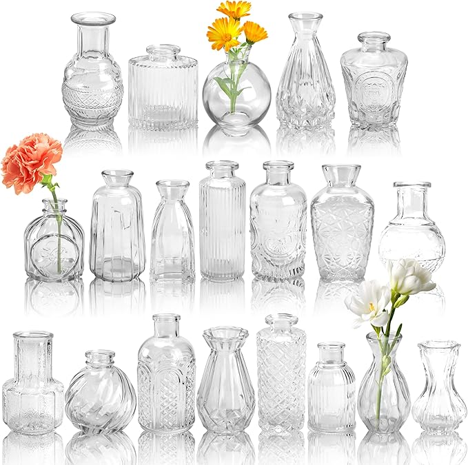 Der Rose Bud Vases in Bulk Glass Vase for Centerpieces Set of 20 Small Flower Vases Mini Vintage Vases for Rustic Wedding, Home Table Decorations (Clear)