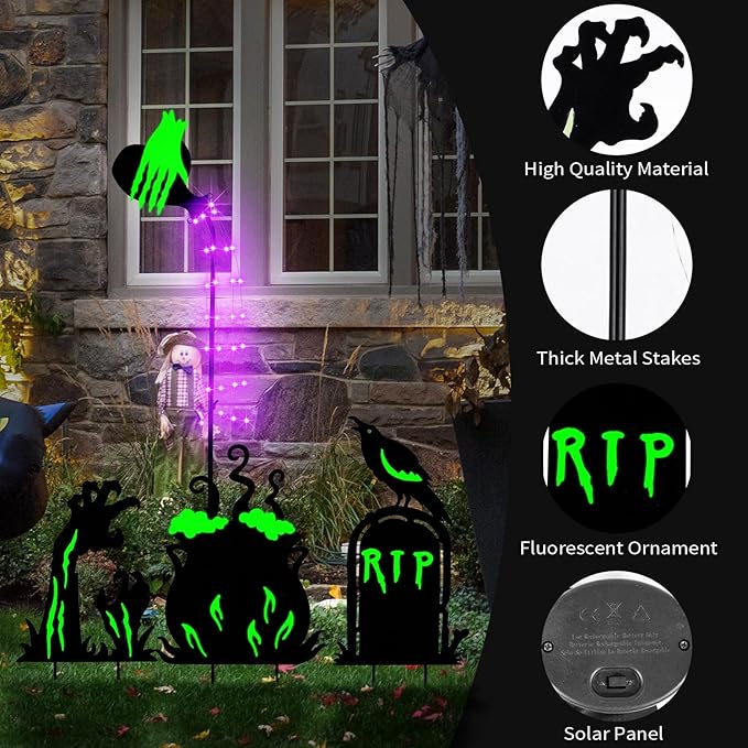 Halloween Yard Signs Outdoor Decorations，3 Pack Warerproof Solar Scary Fluorescent Metal Stake Lights Glow in The Dark for Lawn Garden Halloween Decor (Potions Ghost Hand Tombstone)