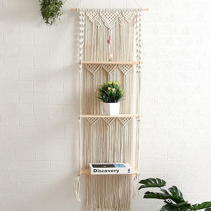 ELASAD Macrame Wall Hanging Plant Shelf, 3-Tier Macrame Shelves Boho Bathroom Shelf, Handmade Boho Floating Shelves for Plants and Decor