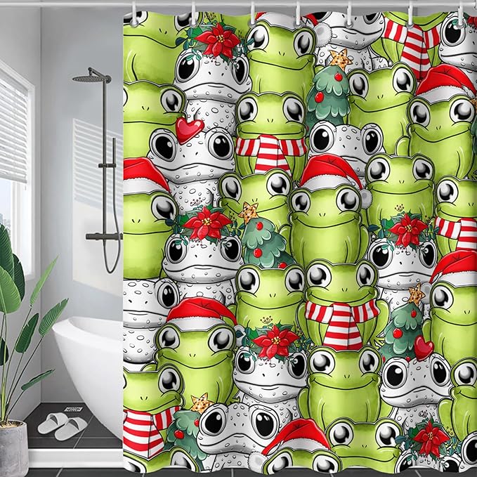 AILONEN Cute Cartoon Frog Shower Curtain,Funny Frog White Green Animal Frog Bath Curtain for Kids Boys Girls,Waterproof Curtain for Bathroom with 12 Plastic Hooks, 72" W x 96" H
