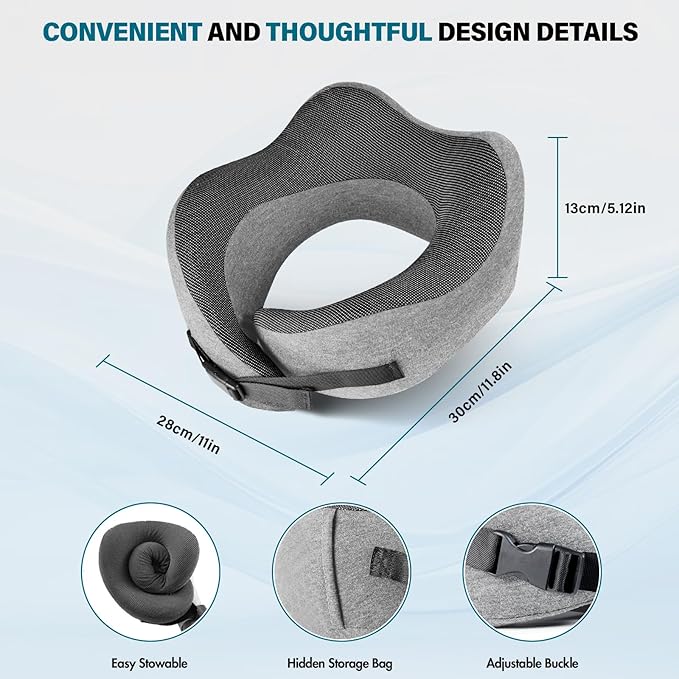 PORTHOLIC 2024 Upgraded Travel Neck Pillow with Buckle,100% Pure Memory Foam Travel Neck Pillow for Airplane Travel Flight Headrest Sleep, Portable Plane Accessories(Light Grey)