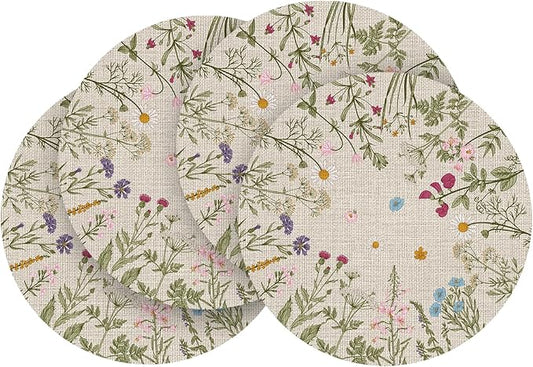 Artoid Mode Wildflower Vinyl Round Placemats Set of 4, 14 Inch Washable Non-Slip Platic PVC Table Mats for Party Kitchen Dining Decor