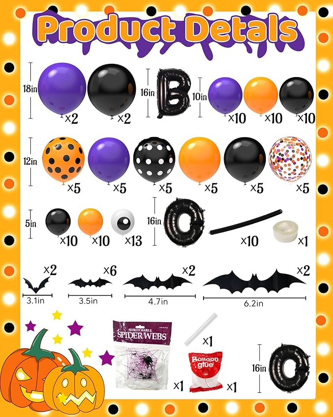 126 Pcs Halloween Balloon Garland Arch Kit, Eye Balloons with Spider Web, Bats, Purple Orange and Black Balloons for Halloween Birthday Supplies Halloween Party Decorations