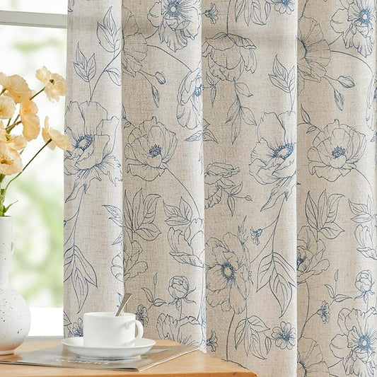 jinchan Floral Linen Curtains for Living Room 96 Inch Length Blue Flower Curtain Rod Pocket Back Tab Farmhouse Curtains with Printed Floral Bedroom Window Curtain Set, 2 Panels Blue