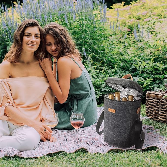 4 Bottle Carrier Tote, Thicken Felt Wine Carrier Padded Portable Wine Bottle Bag with Leather Handles & Shoulder Strap for Party, Picnic, Travel, BYOB (Dark Grey)