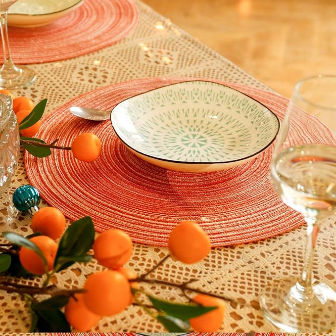 Noctiflorous 15 Inch Round Placemats Set of 6 Durable Braided Woven Heat Resistant Table Mats for Indoor Outdoor Non Slip Dining Table Place Mats(Light Orange, 6)