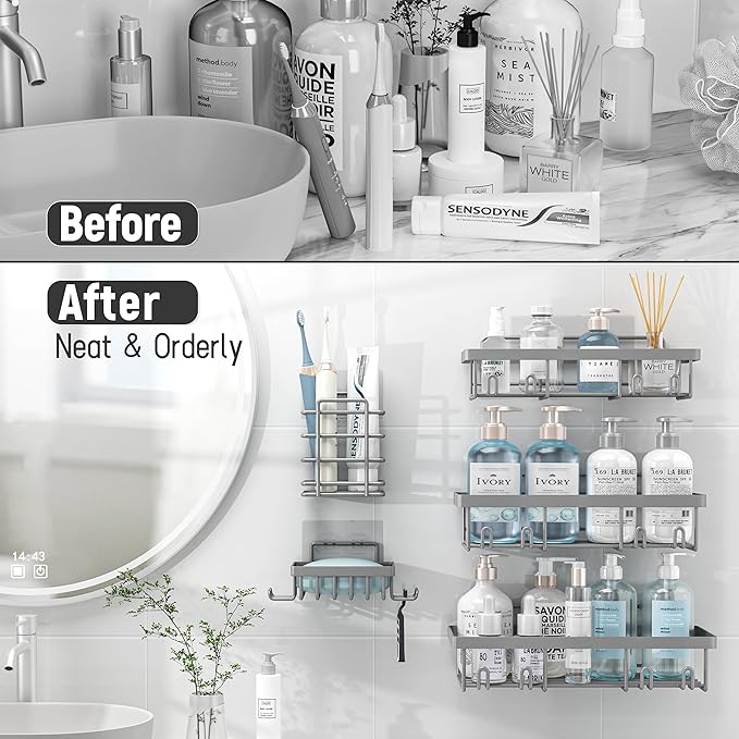 10 Pack Shower Caddy Organizer Rack Shelf for Inside Shower, Self Adhesive Wall Storage Basket Rustproof Stainless Steel Shampoo Holder Bathroom Accessory Decor Set, Grey