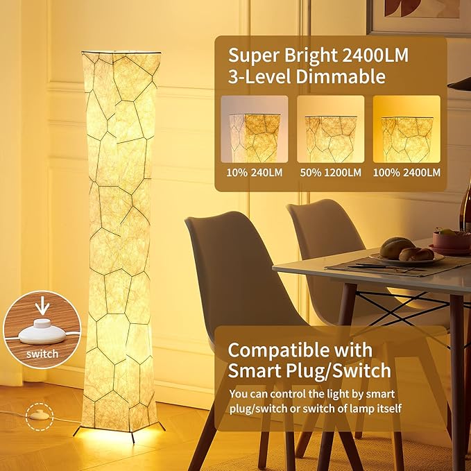 chiphy Floor Lamp, 52" (S) Tall Standing Lamp, 3 Levels Adjustable Brightness LED Bulbs, Column Floor Light, Marble Gradient Fabric Lampshade, Home Decor for Living Room, Bedroom, Kids Room