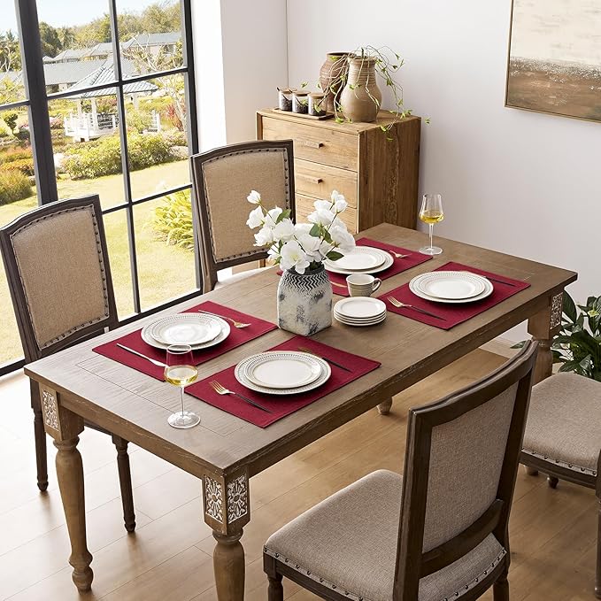 Romanstile Cloth Placemats Set of 8-12 x 18 Inch, Heat Resistant Double Layered Thickened Burlap Christmas Place Mats, Washable Faux Linen Farmhouse Table Mats for Kitchen/Dining/Party/Outdoor, Red