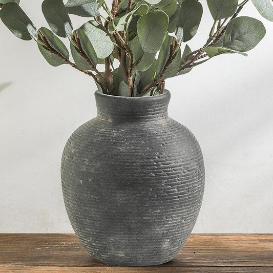 Ceramic Flower Vase Home Decor - Farmhouse Table Vases Rustic Vintage Living Room Kitchen Bedroom Decorations for House Book Shelf Office Coffee Desk Dining Fireplace (7.4" Black)