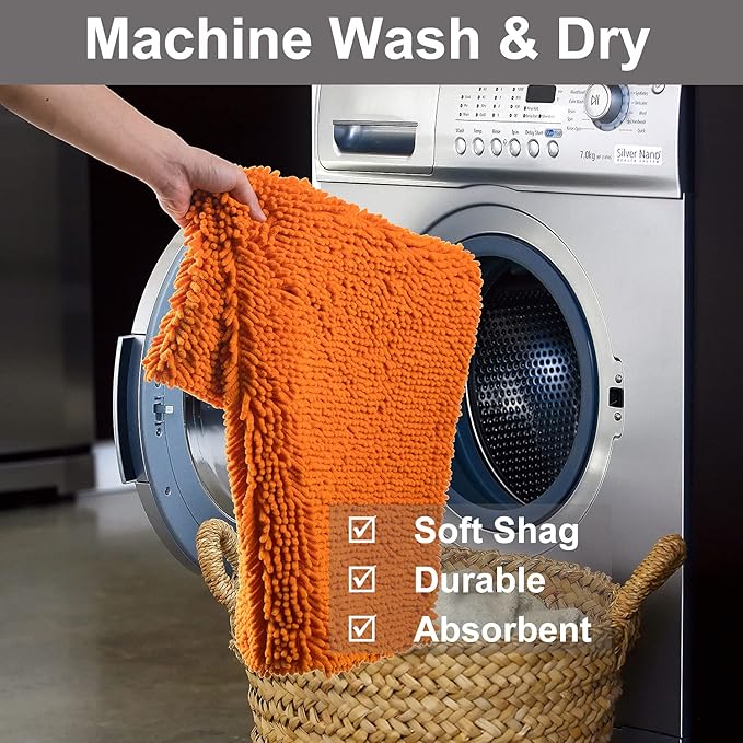 VAGAU Bathroom Rugs 2 Pieces Chenille Bath Rug Mat, Extra Thick and Soft Absorbent Bath Rugs, Machine Washable, Non-Slip Plush Bath Mats for Tub, Shower, and Bath Room (Orange)