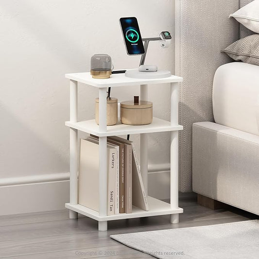 Furinno Just 3-Tier Turn-N-Tube Open Storage Nighstand, Bedside Table with USB and Type-C Charging Station, White/White